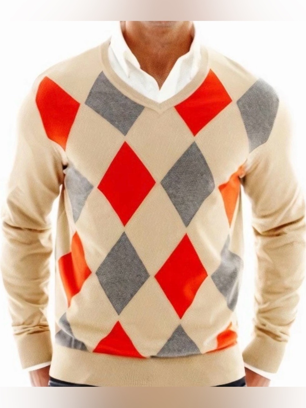 Claiborne Men's Argyle V-Neck Sweater Beige Red Blue Diamond Knit Large Preppy